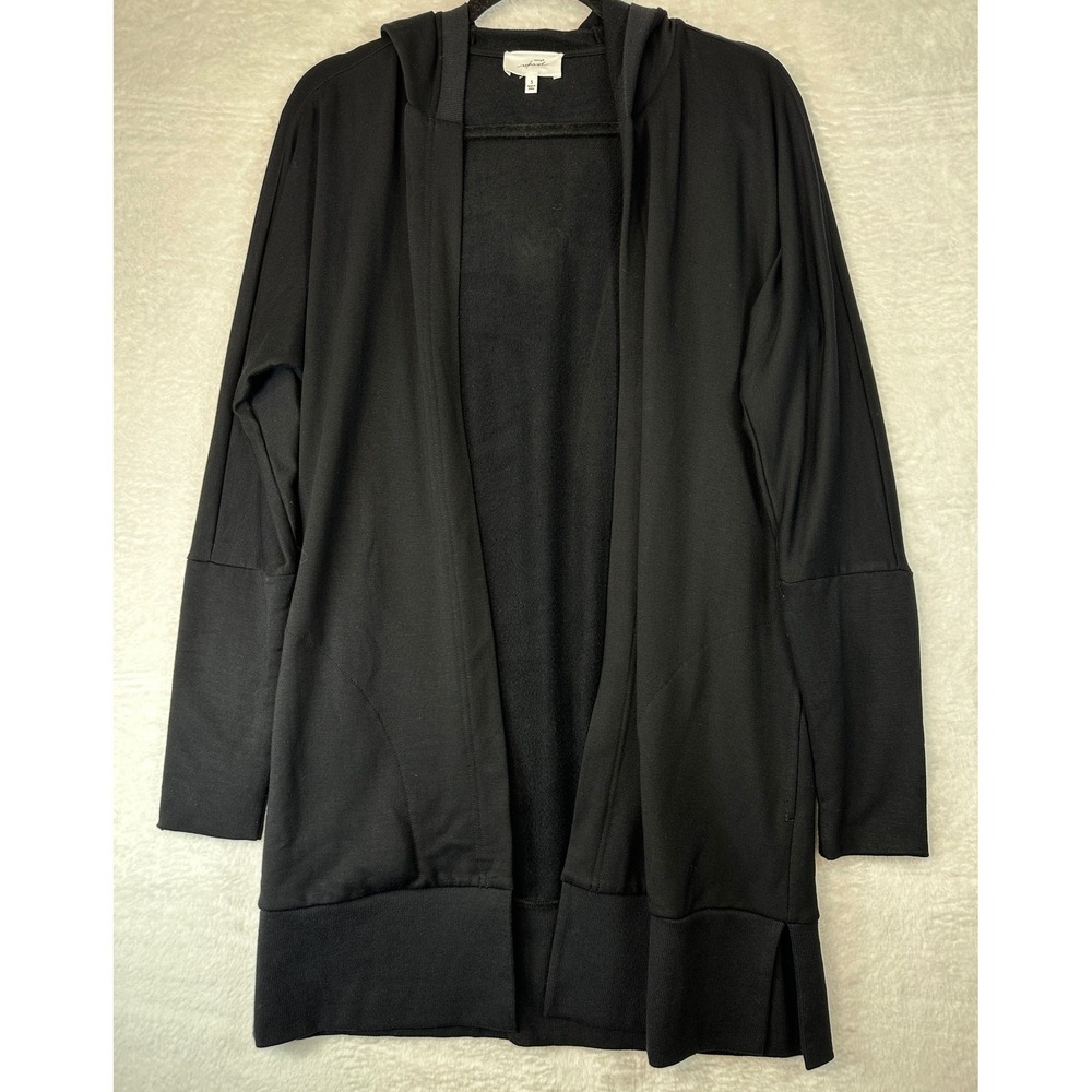 Soma WKND Hooded Open Front Cardigan Womens Small Black Longline Fleece Lining
